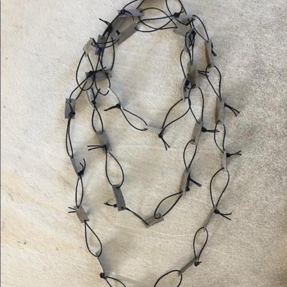 Unique black leather cord adjustable necklace XL with gray leather strips.